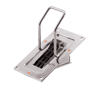 Recessed metal floor latch with a U-shaped lifting handle for securing a hatch or access panel in the floor.