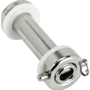 Metal shaft with bearing housing and white spacers, an industrial mechanical component.